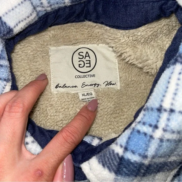 SAGE Collective Blue Plaid Sherpa Lined Jacket Shirt Overshirt XL Cozy Shacket - Picture 4 of 9